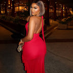 Sexy Women Elegant Solid Color Fishtail Dress Sleeveless V neck Mid Length Dress Bella Mia
