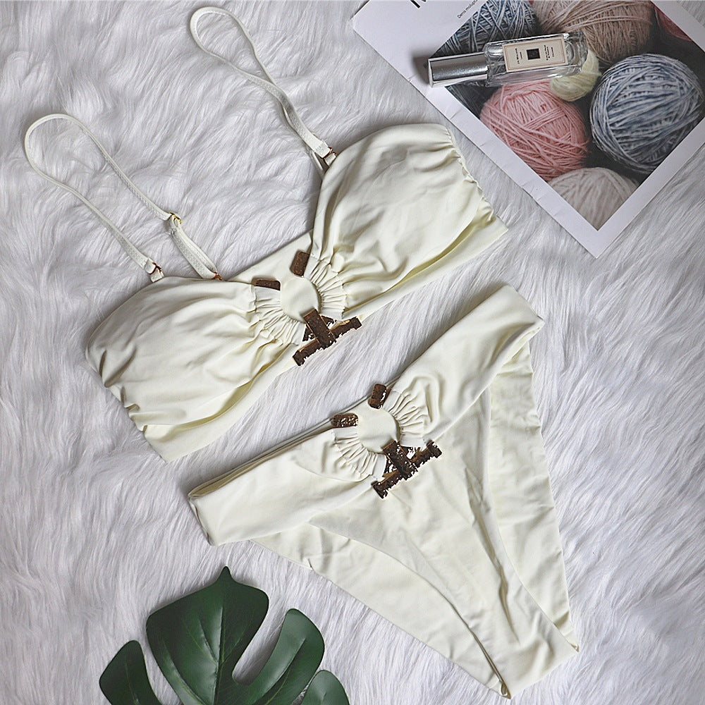 Sexy Swimsuit Metal Accessories Hollow Out Cutout Bikini Solid Color Tube-Top High Waist Women Swimwear Bella Mia
