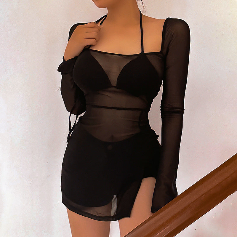 Women Clothing Spring Summer Solid Color Mesh Long Sleeve Split Short Dress for Women Bella Mia