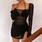 Women Clothing Spring Summer Solid Color Mesh Long Sleeve Split Short Dress for Women Bella Mia