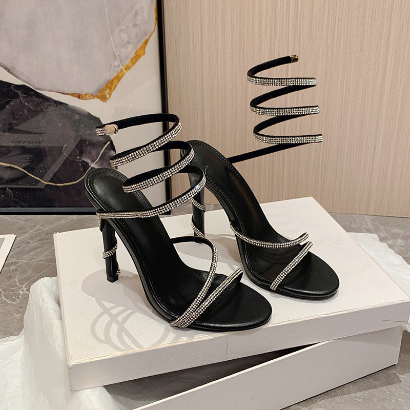 Summer Snake Shaped Rhinestone High Heel Shoes Internet Celebrity Fairy Winding Stiletto Sandals Women Bella Mia