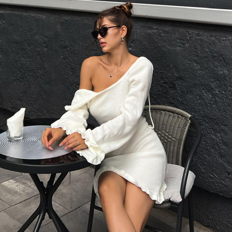 Woolen Sexy Tether Backless Dress Winter Horn Long Sleeve Solid Color Short Dress Bella Mia