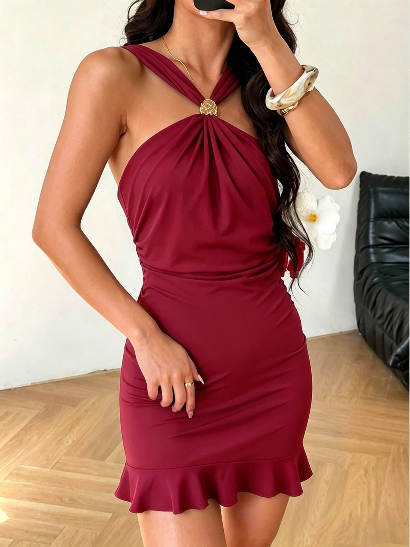 Dignified Sense Design Dress Women Fitted Waist Pleated Hip Dress Ruffled Slim Fit Slimming Dres Bella Mia