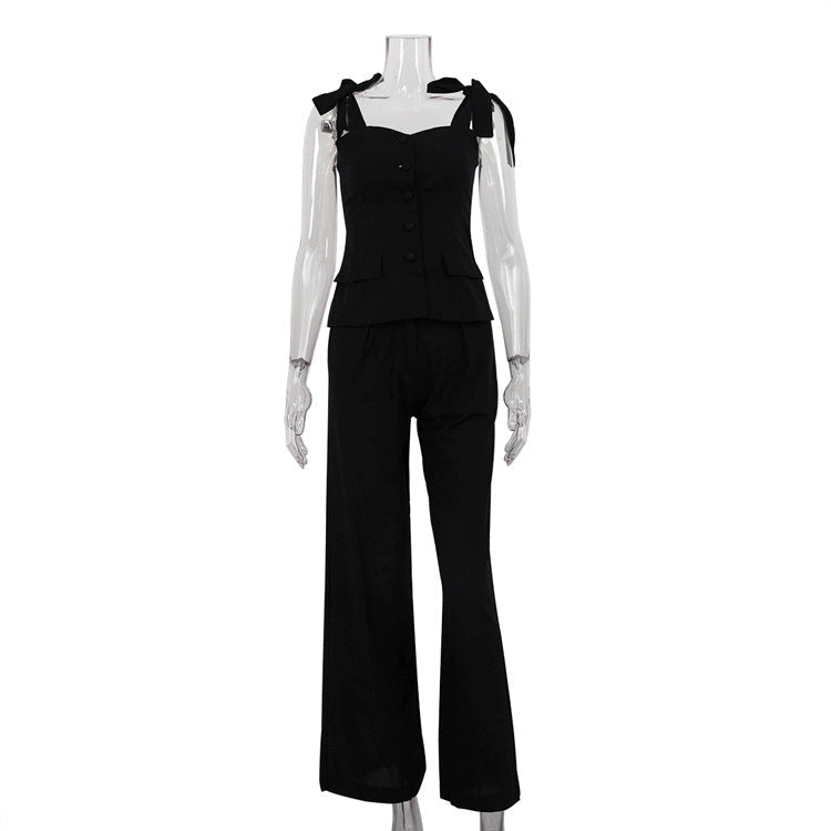 Spring Summer Black Bandeau Sling Top High Waist Wide Leg Pants Two Piece Set Bella Mia