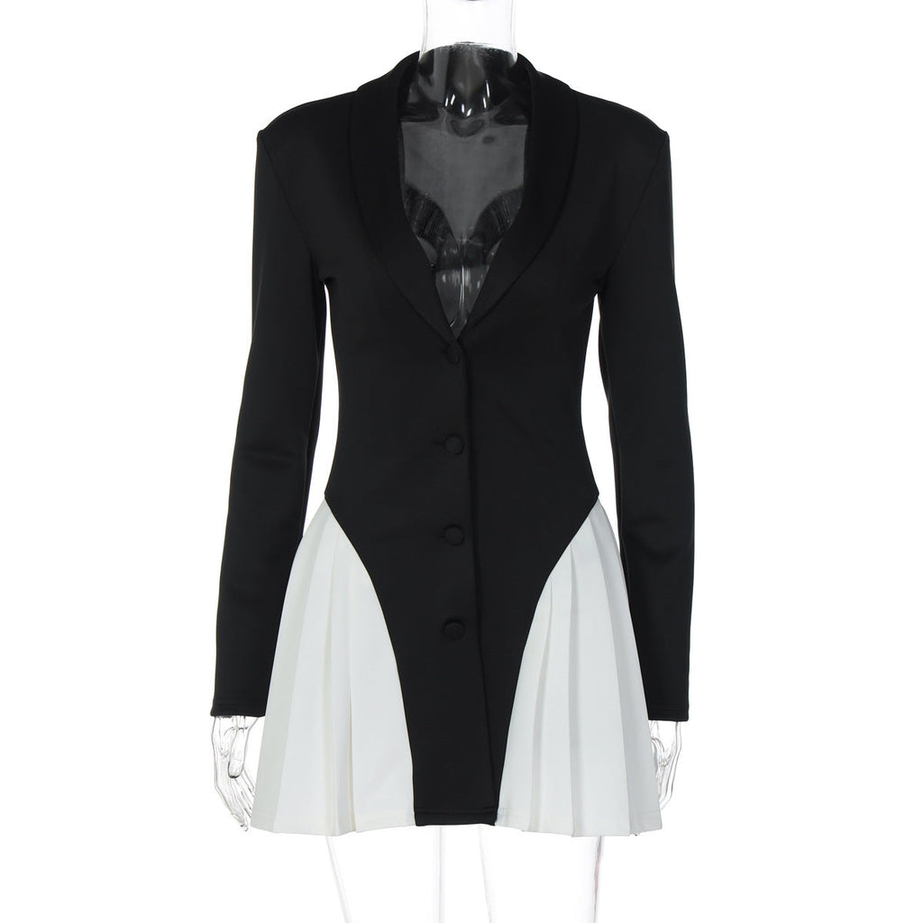 Women Clothing Autumn V neck Button Contrast Color Short Slim Fit Long-Sleeved Dress for Women Bella Mia