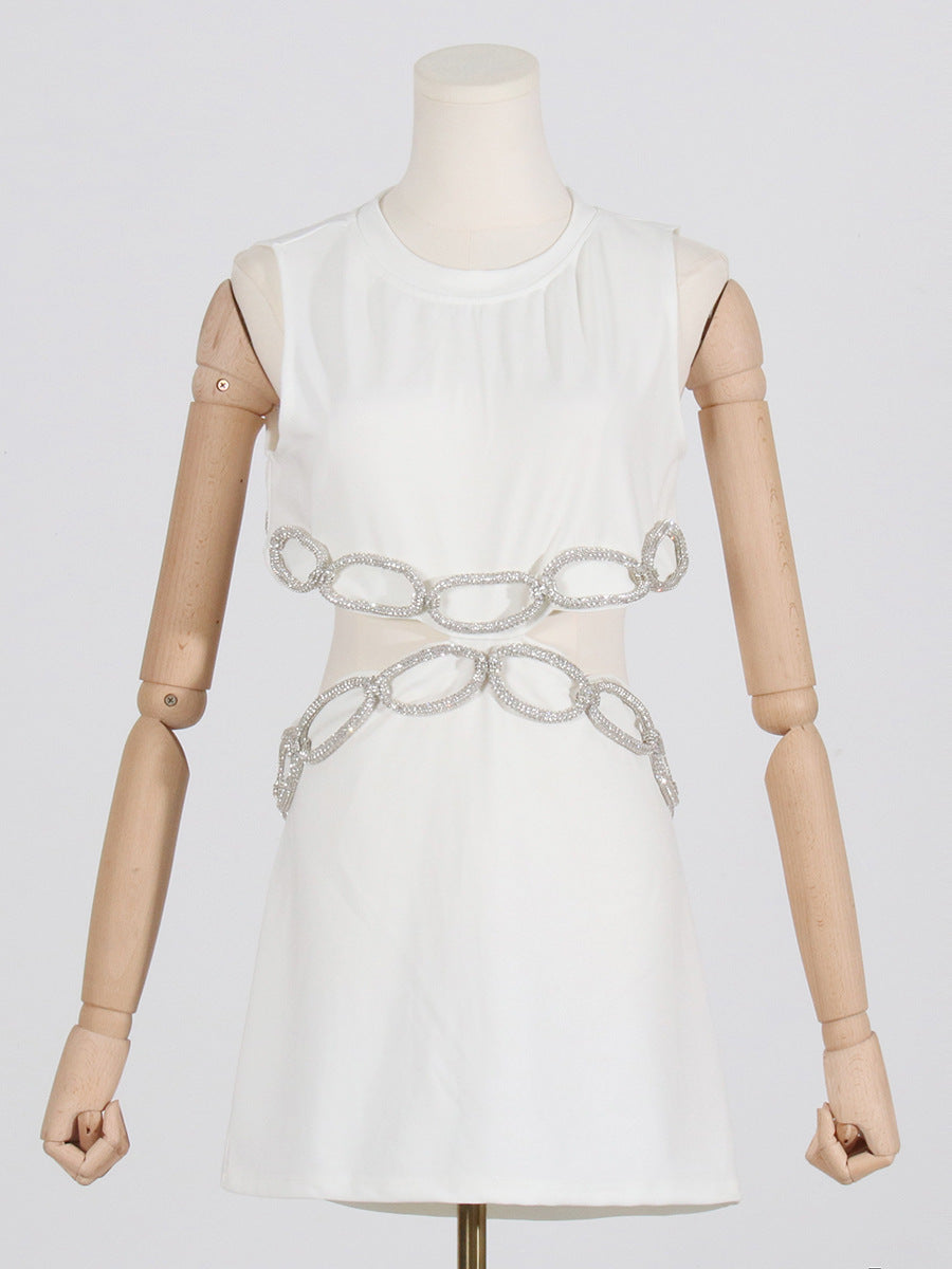Street Sexy round Neck Sleeveless Waist Hollow Out Cutout Jeweled Design Short Slim Dress Bella Mia