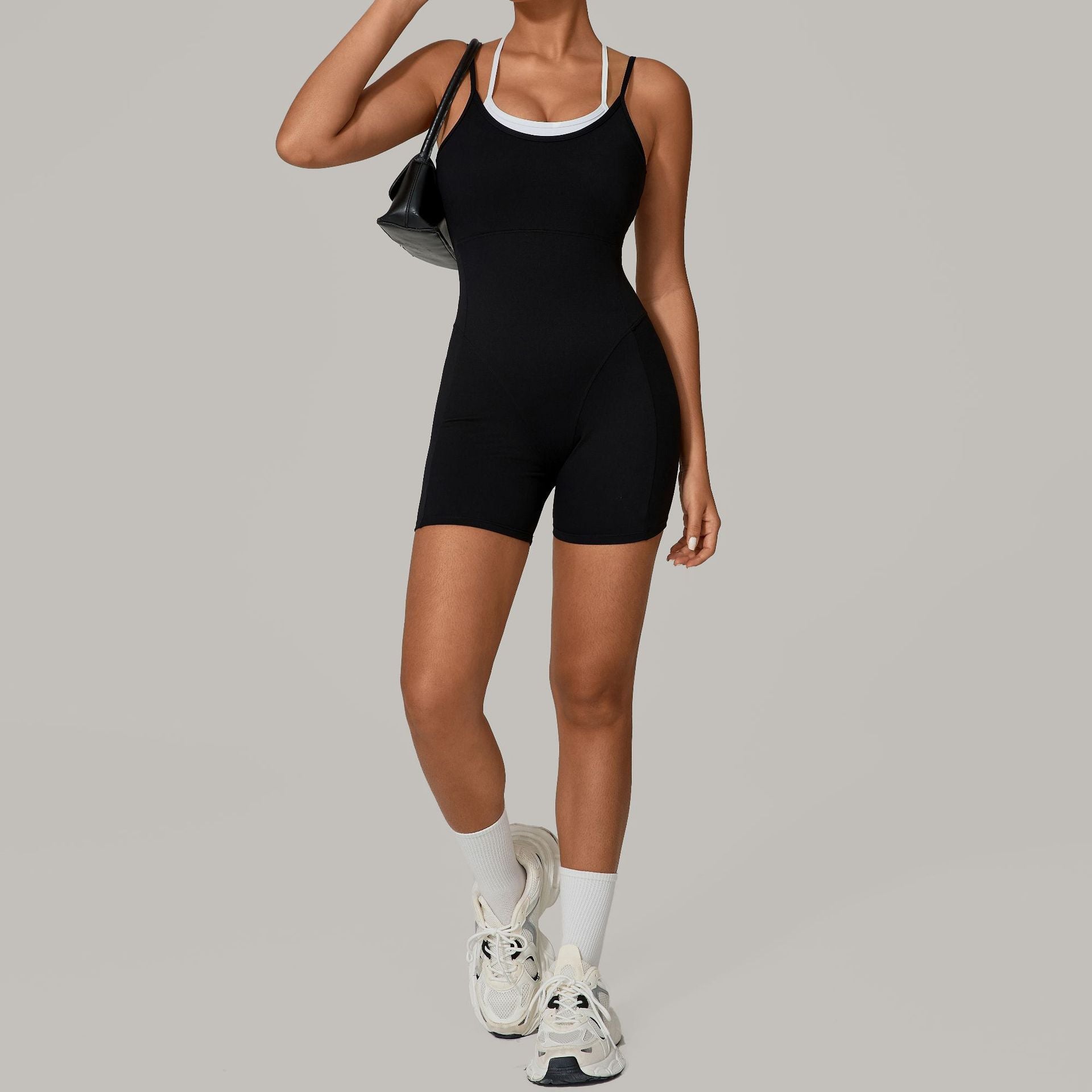 Autumn Sand Faux Two Piece Contrast Color Sling Sports Jumpsuit One Piece Yoga Clothes Backless Outdoor Fitness One Piece Bella Mia