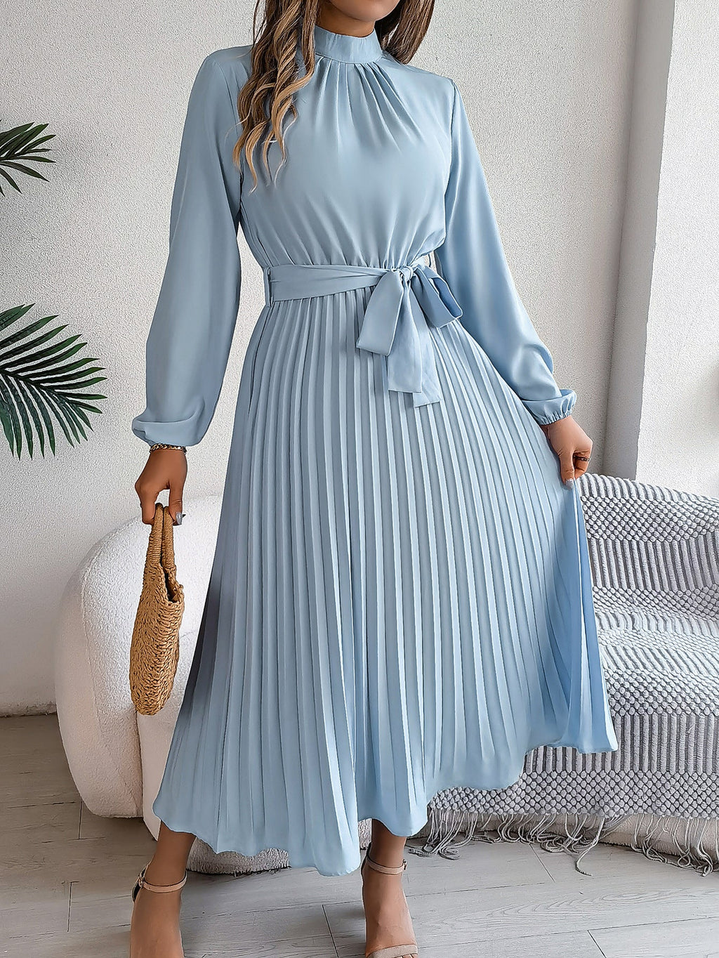 Autumn Winter Elegant Stand Collar Long Sleeve Cinched Pleated Maxi Dress Small Dress Women Clothing Bella Mia