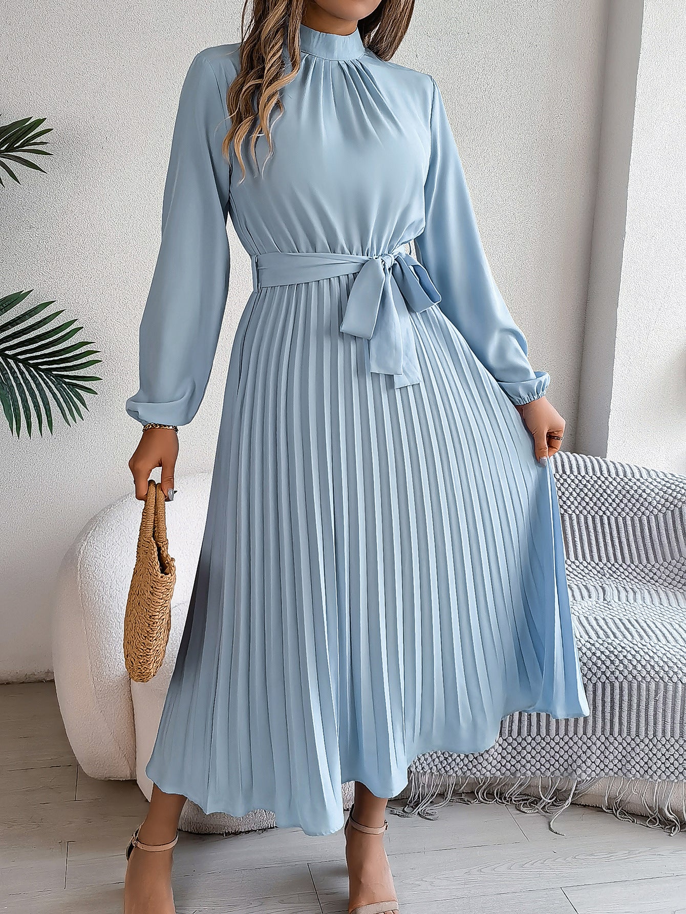 Autumn Winter Elegant Stand Collar Long Sleeve Cinched Pleated Maxi Dress Small Dress Women Clothing Bella Mia