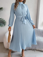 Autumn Winter Elegant Stand Collar Long Sleeve Cinched Pleated Maxi Dress Small Dress Women Clothing Bella Mia