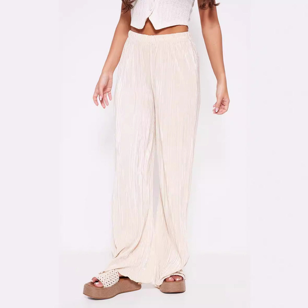 Summer Women Wide Leg Pants High Grade Luxury Pleated Satin Flash Casual Pants Bella Mia