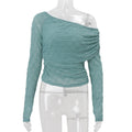 Women Clothing Autumn Sexy Diagonal Collar Cold Shoulder Mesh Sheer Long Sleeve T shirt Top Bella Mia