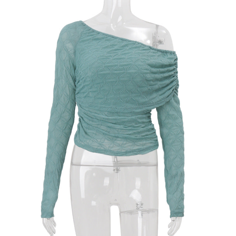 Women Clothing Autumn Sexy Diagonal Collar Cold Shoulder Mesh Sheer Long Sleeve T shirt Top Bella Mia