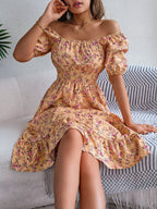 Spring Summer Floral Square Collar Short Sleeve Waist Controlled Ruffled A line Women Clothing Bella Mia