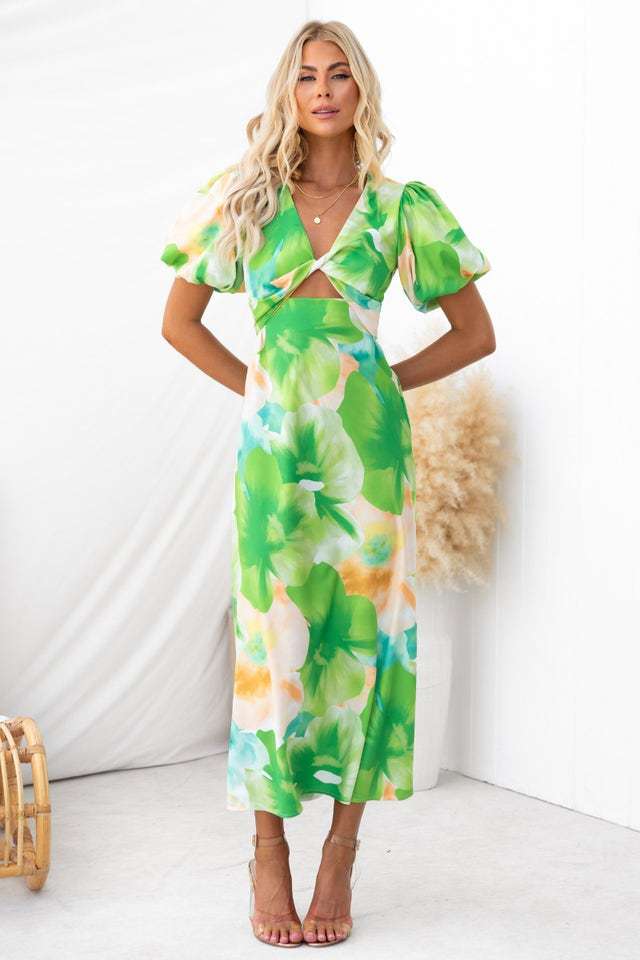 Year Bubble Sleeve Maxi Dress Sexy Print V neck Hollow Out Cutout Women Clothing Bella Mia