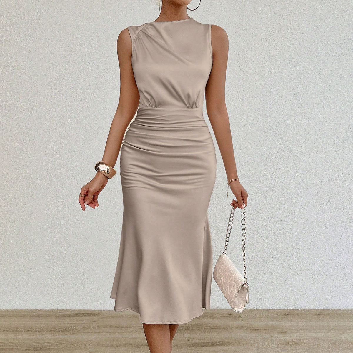 Women Clothes Summer Sexy Satin Dress Pleated Satin Midi Dress Bella Mia