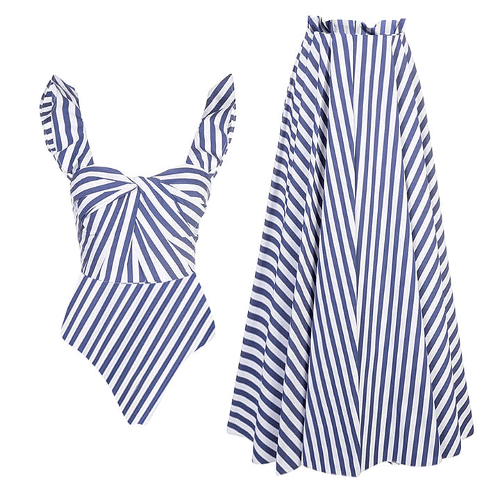 Striped Printed One Piece Swimsuit Women Vacation Beach Skirt Sets Bella Mia
