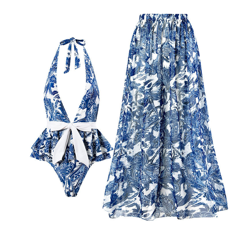 One Piece Swimsuit Women Skinny Slimming Vintage Printed Chiffon Dress With Steel Bracket Hard Bag Bella Mia