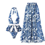 One Piece Swimsuit Women Skinny Slimming Vintage Printed Chiffon Dress With Steel Bracket Hard Bag Bella Mia