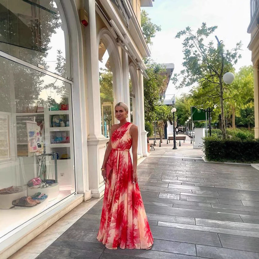 Summer Shoulder Waist-Controlled Lace up Wide Hem Printed Dress Women