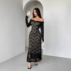 Autumn Winter Long Sleeve Lace off Neck Slim Slimming Maxi Dress Women Bella Mia