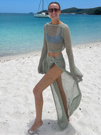 Hollow Out Cutout out Long Sleeve Knitted Two Piece Short Top Beach Seaside Sexy Lace up Skirt Set Bella Mia