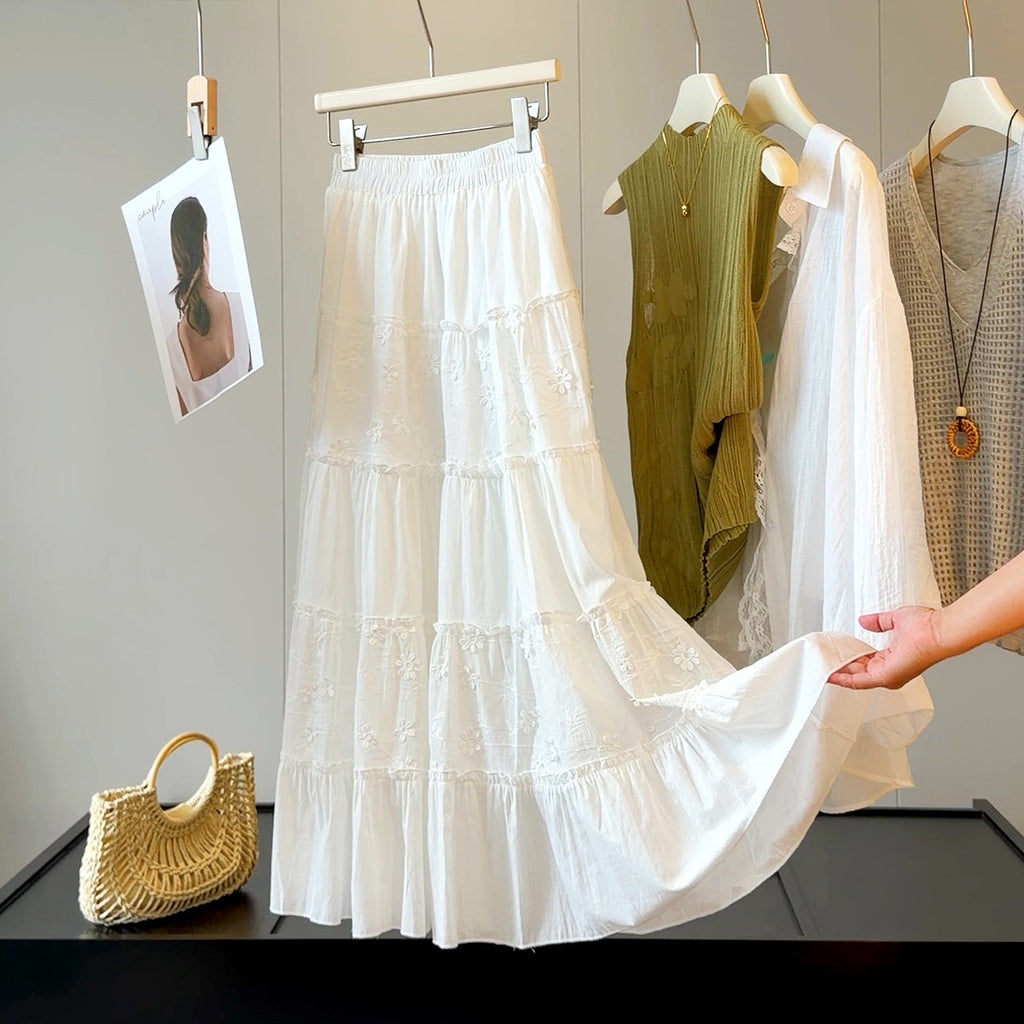 White Three Dimensional Floral Skirt Women Summer High Waist Slimming A line Splicing Tiered Long Skirt