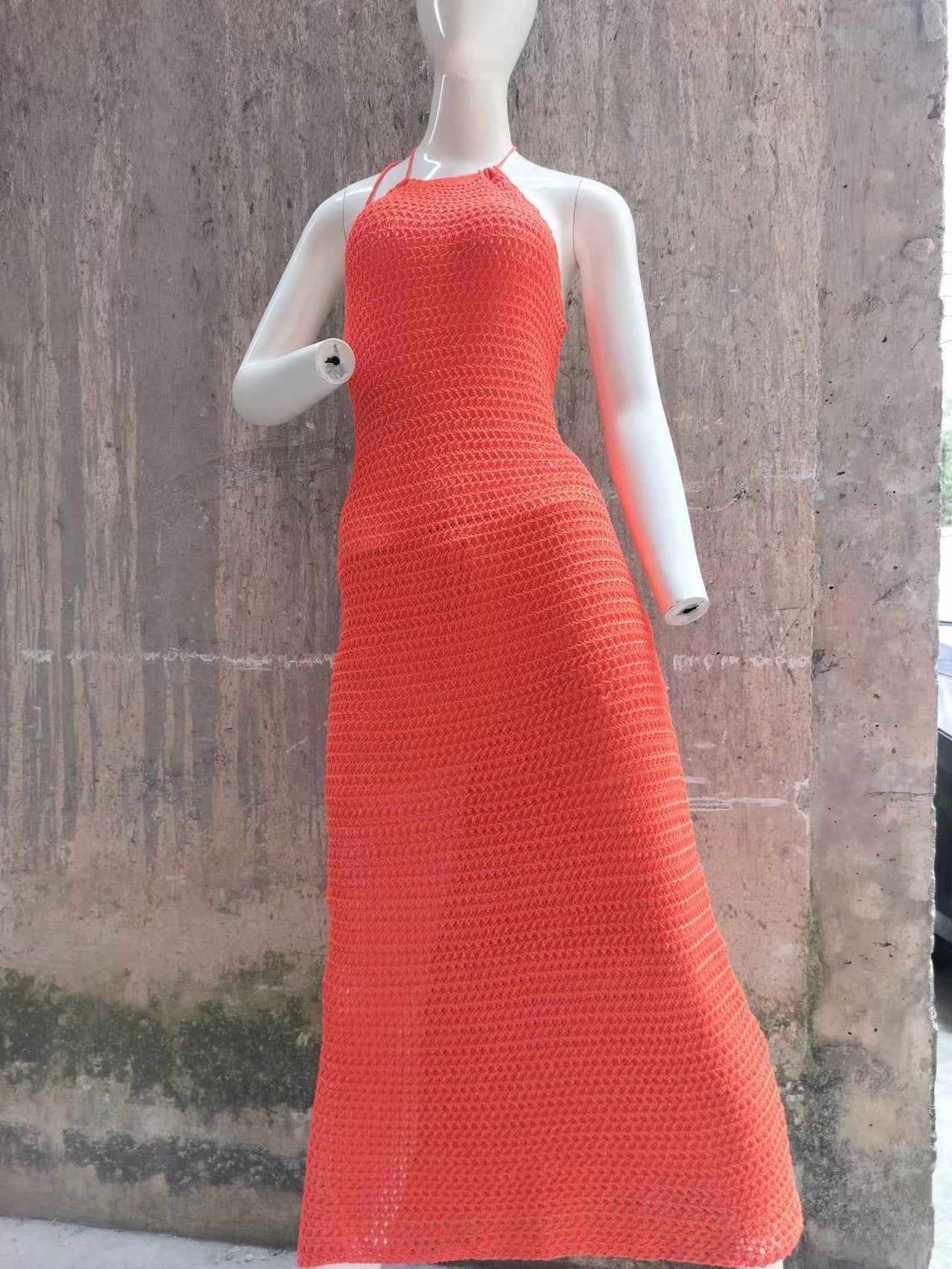 Halter Backless Maxi Dress Knitted Sleeveless Beach Bohemian Long Hollow Out Cutout Dress Women Bella Mia