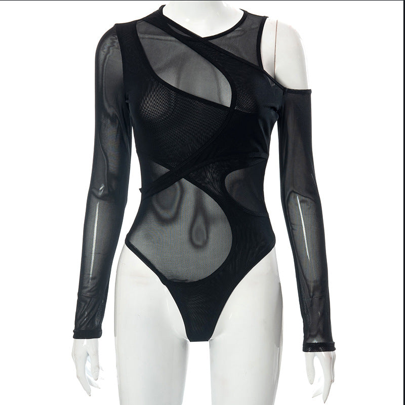 Slim Women Clothing Summer Sexy Mesh See Through Tight Long Sleeved Jumpsuit Bella Mia