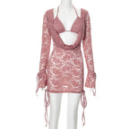 Women Clothing Autumn Solid Color Casual Lace up Lace Long Sleeve Top Lace up Sets Bella Mia