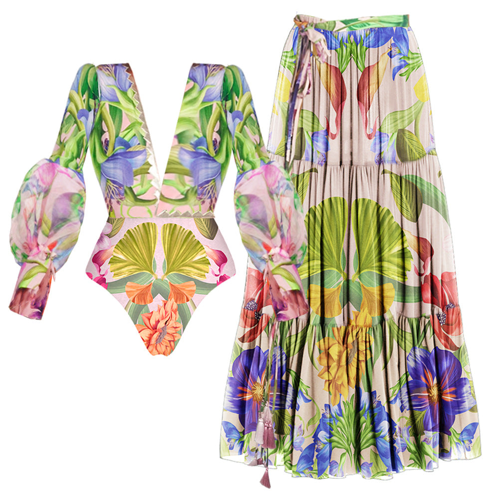 V Neck Bubble Long Sleeve Printed One Piece Swimsuit Women Bella Mia