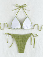 Printing Halter Spaghetti Straps Sexy Bikini Pleated Lace up Triangle Spring Split Swimsuit Bella Mia