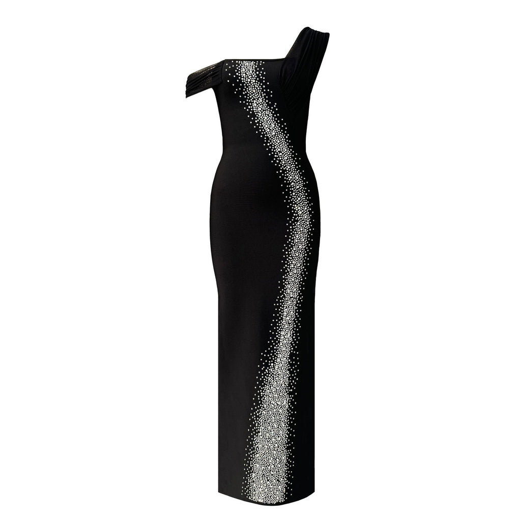 Sexy Single Shoulder Mesh Stitching Rhinestone Hip Bag Bandage Dress Party Dress Bella Mia