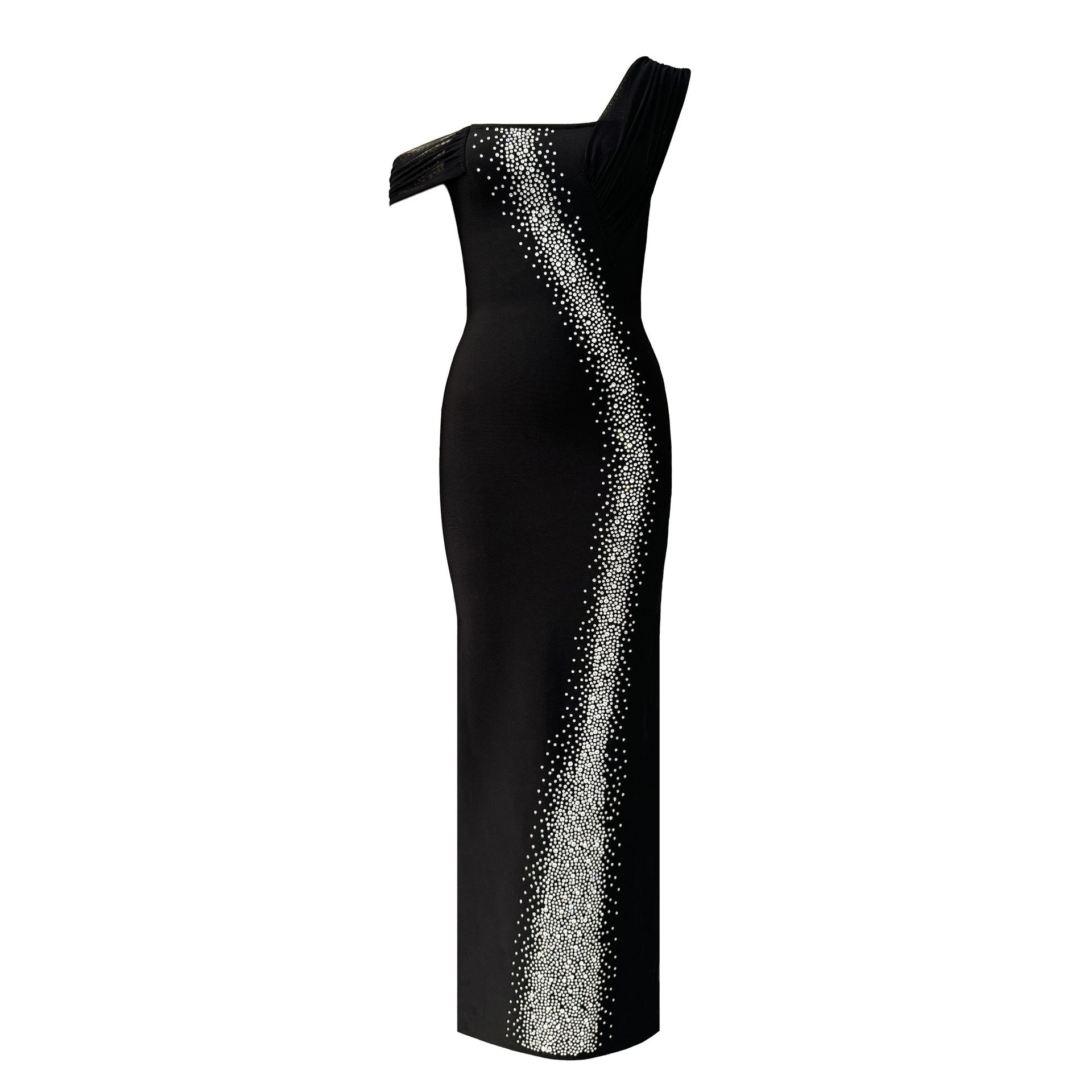 Sexy Single Shoulder Mesh Stitching Rhinestone Hip Bag Bandage Dress Party Dress Bella Mia