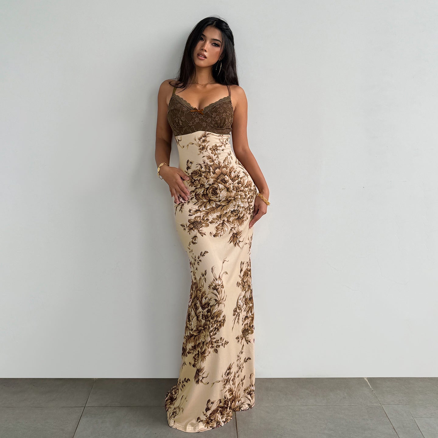 Sexy Retro Lace Stitching Chest Strap Dress French Elegant Romantic Floral Dress