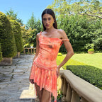 Spring Summer Women Clothing Personality Slant Shoulder Contrast Color Slim Fit Sexy Backless Sheath Print Dress Bella Mia