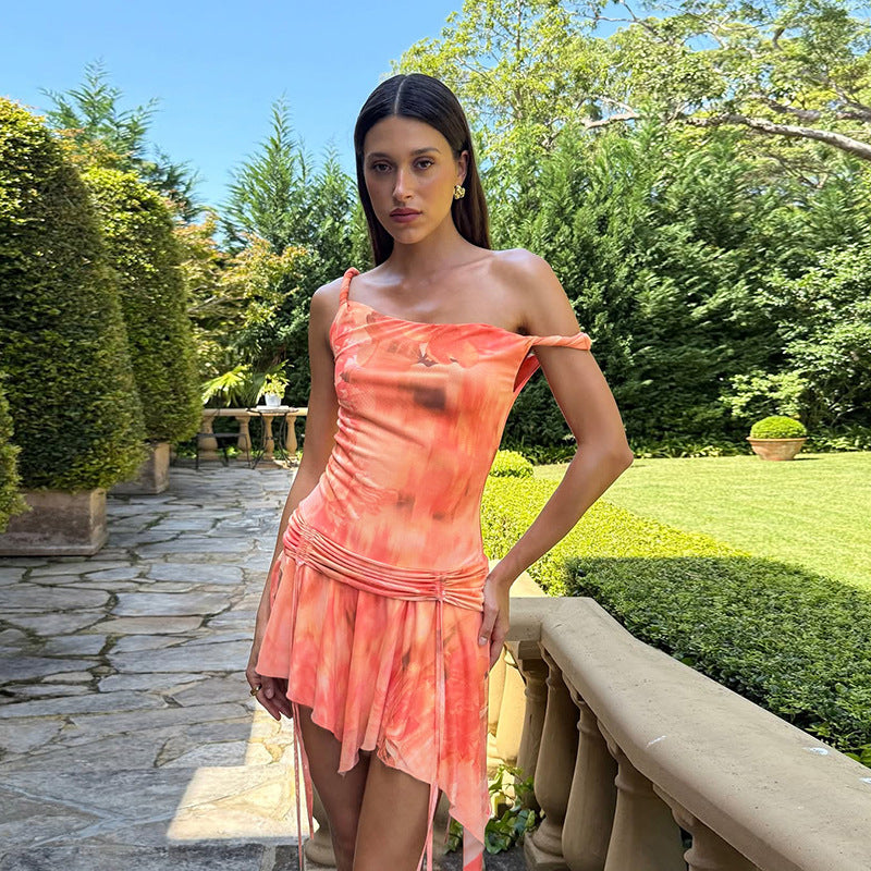 Spring Summer Women Clothing Personality Slant Shoulder Contrast Color Slim Fit Sexy Backless Sheath Print Dress Bella Mia
