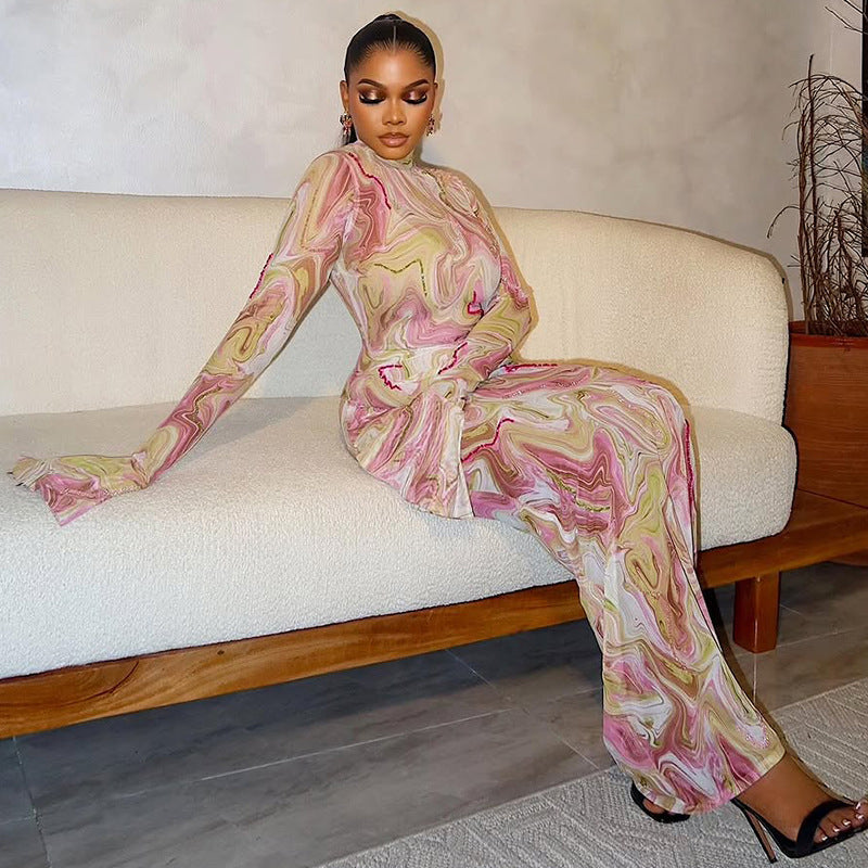 Slim Fit Slimming Women Printed Hip Home Comfortable Stand Collar Long Sleeve Length Dress Bella Mia