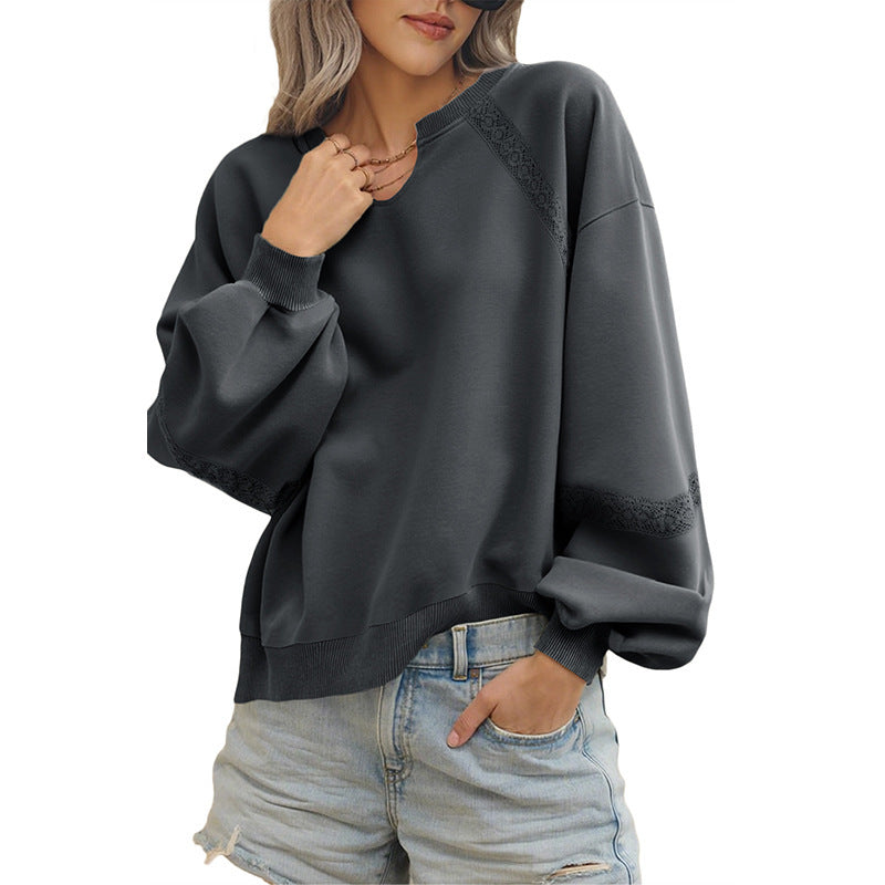 Solid Color Half Open Collar Stitching Lace Loose Stylish Long Sleeves Sweater Bella Mia