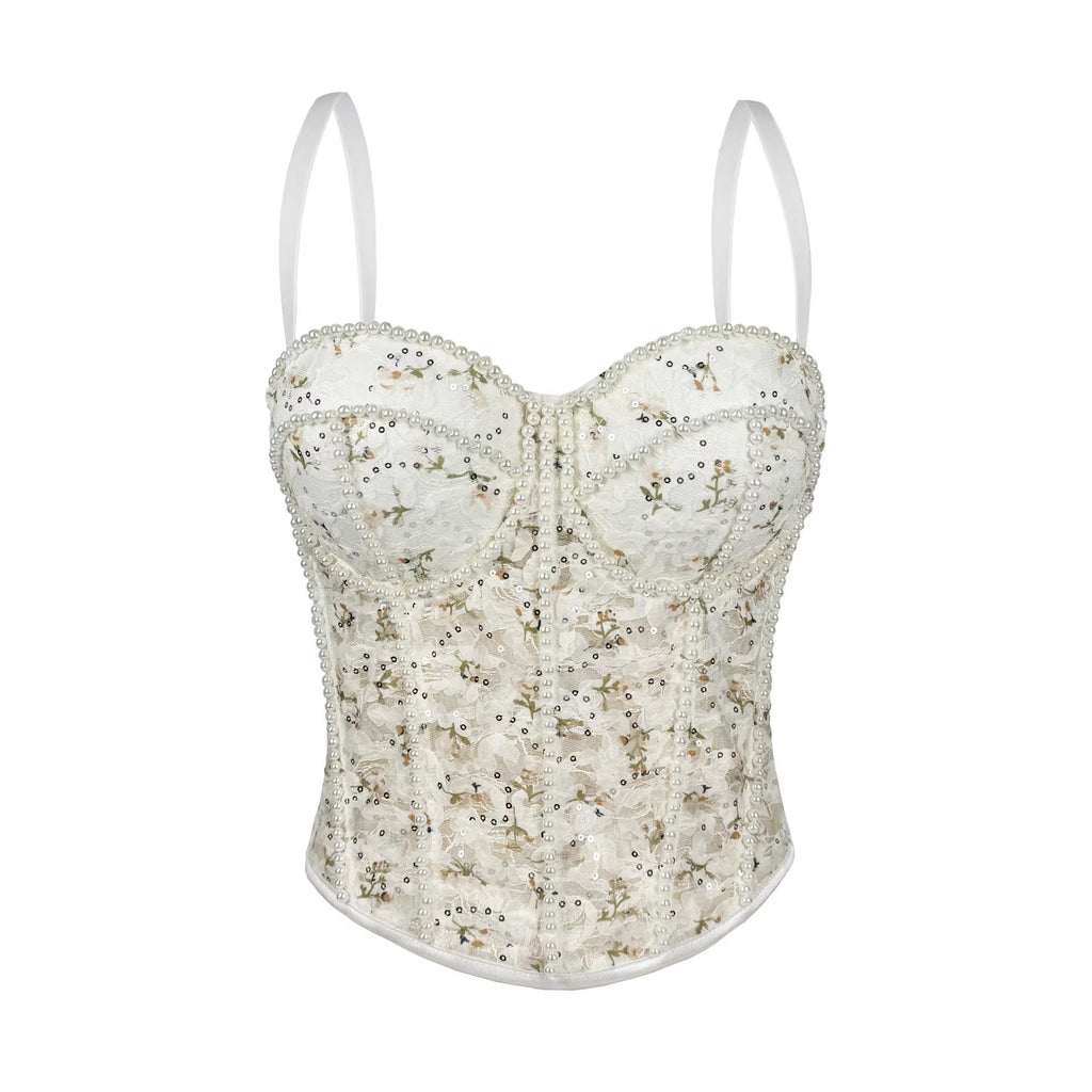 Pearl Mesh Boning Corset Corset Transparent Sexy Lace Tube Tops Strap Sexy Drawstring Slim Fit Boning Corset Top Bella Mia