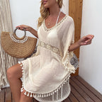 Outdoor Women Clothing Hand Crocheting Stitching Tassel Sexy Midi Dress Loose Sun Protection Beach Cover Up Bella Mia
