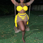 Sexy Solid Color Mesh Stitching See through Halter Strap Lace Swimsuit Three Piece Set Bella Mia
