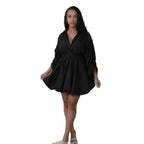 Sexy Casual Office Drawstring Sleeve Fitted Waist Bubble Shirt Collar Long Sleeve Dress Bella Mia