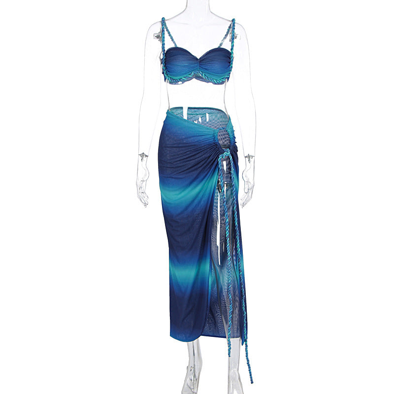 Summer Sexy Beach Vacation Swimsuit Woven Halter Top Top Split Skirt Set Bella Mia