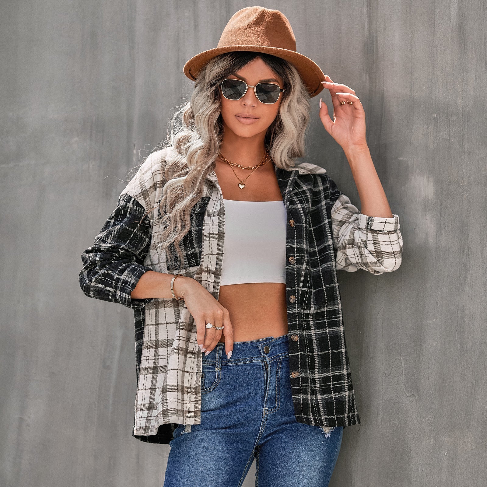 Early Autumn Polo Collar Plaid Top Women Clothing Long Sleeve Cardigan Loose Shirt Bella Mia