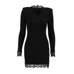 Adult Lady like Woman Autumn Winter V neck Lace Stitching Black Sexy Tight Milk Silk Hip Elegant Dress Bella Mia