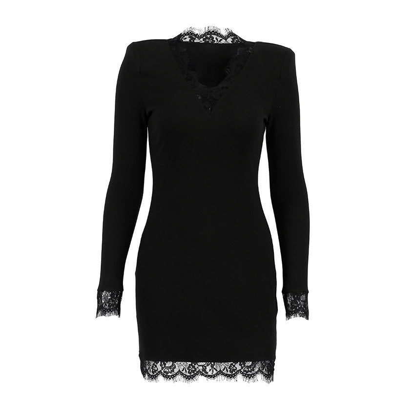 Adult Lady like Woman Autumn Winter V neck Lace Stitching Black Sexy Tight Milk Silk Hip Elegant Dress Bella Mia