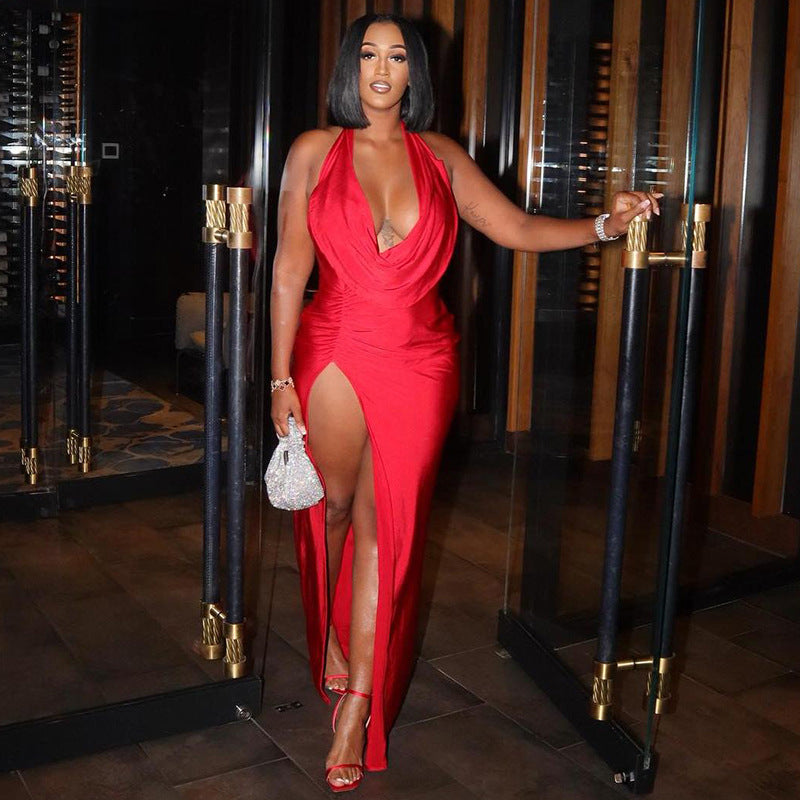 Women Clothing Autumn Women Clothing Sexy Deep V Plunge Halter Backless Split Sheath Dress Bella Mia