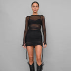 Women Clothing Autumn round Neck Long Sleeve Mesh Pleating Adjustable Long Short Blouse Dress Bella Mia