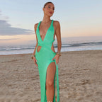 Women Clothing Summer Sexy Solid Color V neck Hollow Out Cutout Slim Knit Tassel Side Split Dress Bella Mia